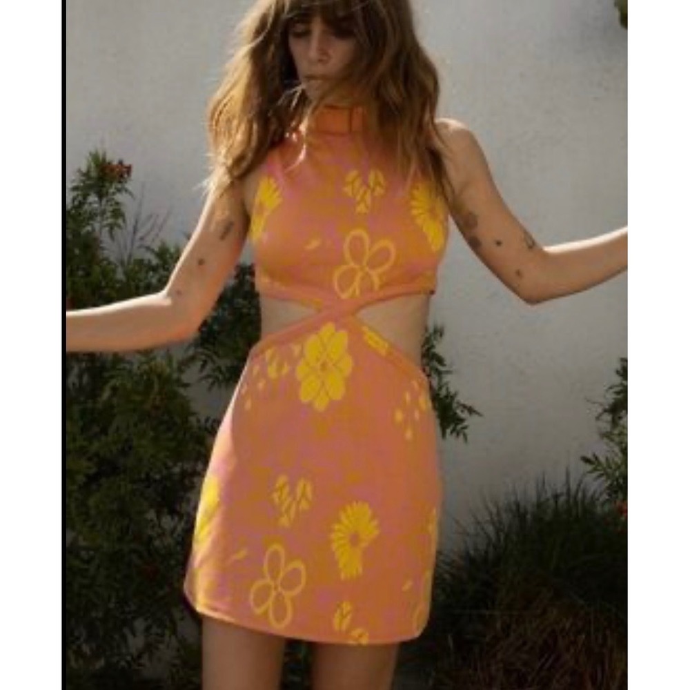 Zara Womens Jacquard Orange Pink Floral Mock Neck Cut Out Mini Dress Size L NWT